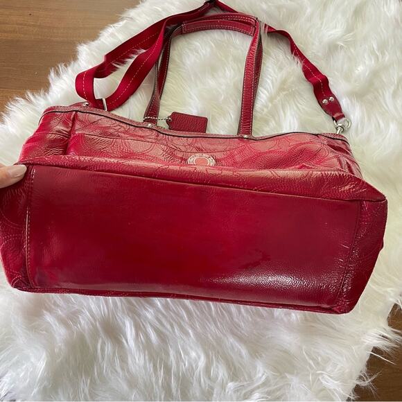 Coach Women Signature C Embossed Garnet Red Patent Leather Diaper Bag Tote Large - Picture 5 of 10